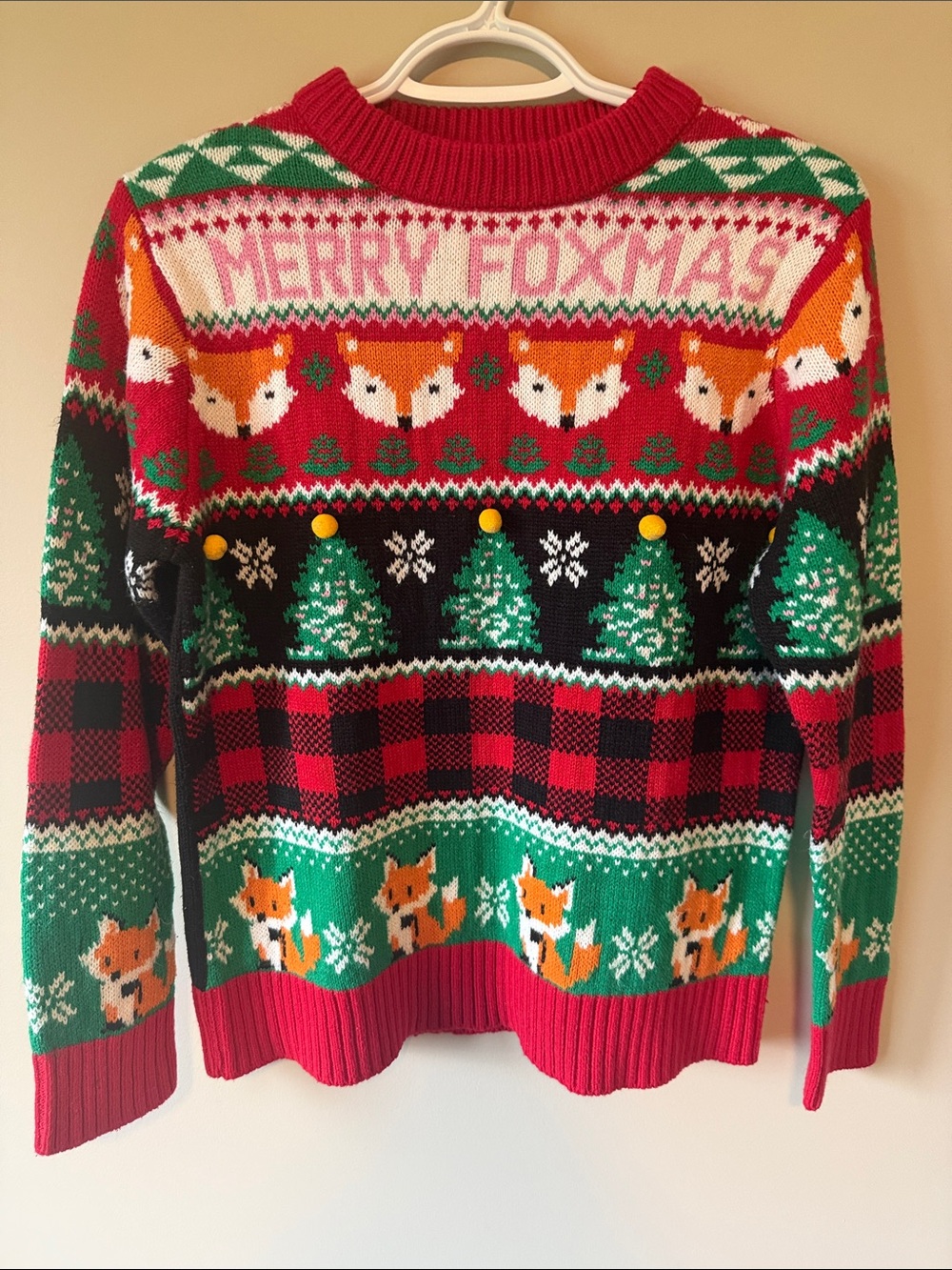 Merry Foxmas Ugly Christmas Sweater with 3D Pom Poms Holiday Size Small